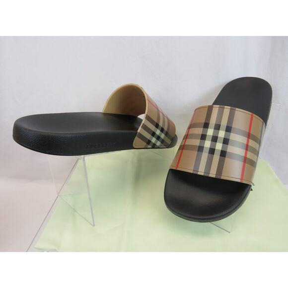 BURBERRY FURLEY BLACK RUBBER BEIGE VINTAGE IP CHECK LOGO SANDAL SLIDES 46 US 13 - Picture 5 of 12